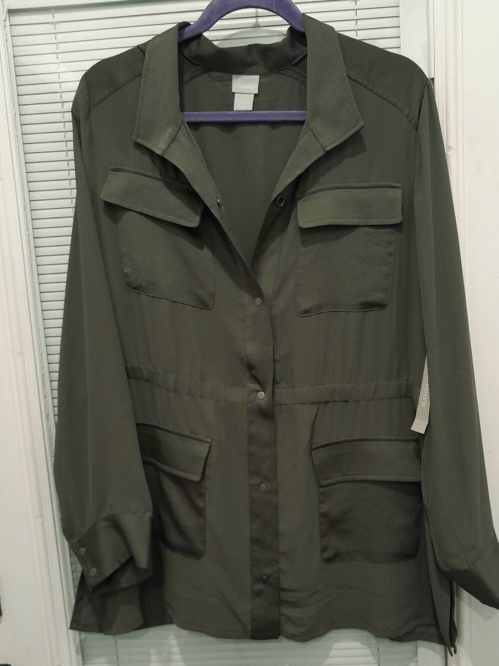 Chico’s Olive Army Green Utility Blouse Long Sleeve Snap Front Size 3